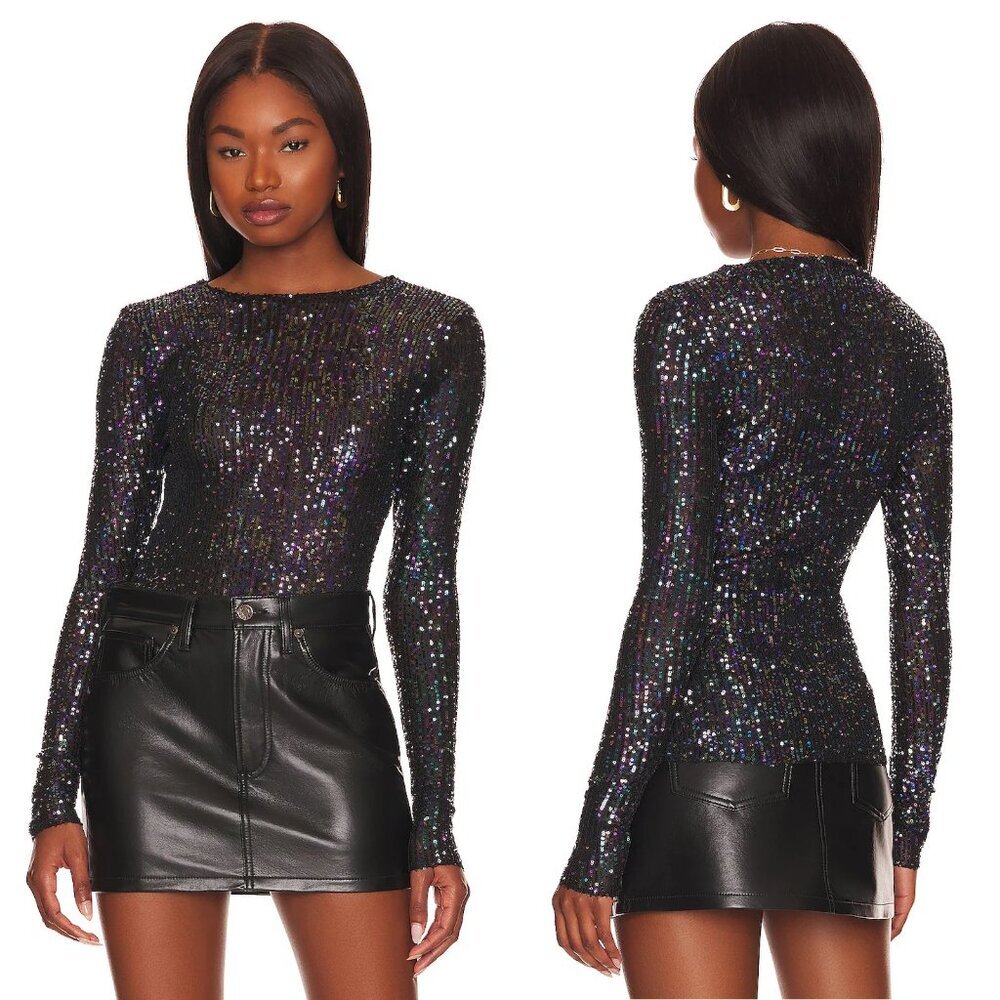 Free People Gold Rush Long Sleeve Sequins Black Combo Top Size XS